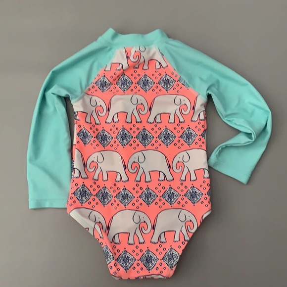 Floatimini | Girls Elephant Print Zip Front Long Sleeve One Piece Swimsuit 18 mo - Picture 2 of 5